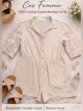 Ces Femme Cotton Gauze Romper Sz M Cream Button Front Pockets